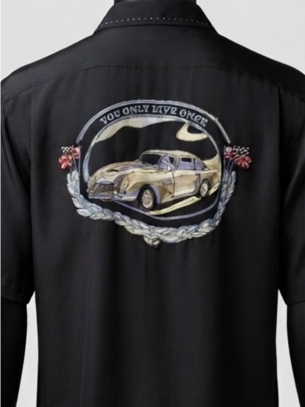Nat Nast Luxury Originals Limited Edition 100% Silk Car Embroidered shirt blk XL
